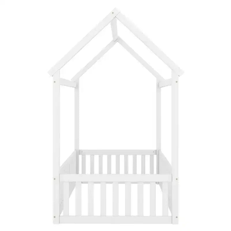 Floor House Bed for Kids, Wood Montessori Bed with Fence & Door, Full House Bed with Roof for Girls & Boys