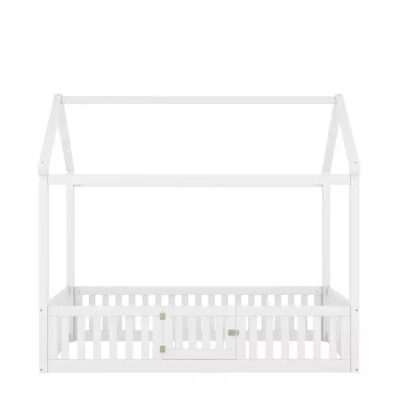 Floor House Bed for Kids, Wood Montessori Bed with Fence & Door, Full House Bed with Roof for Girls & Boys