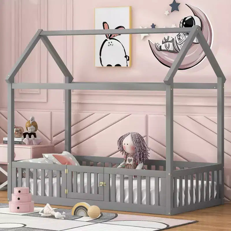 Floor House Bed for Kids, Wood Montessori Bed with Fence & Door, Full House Bed with Roof for Girls & Boys