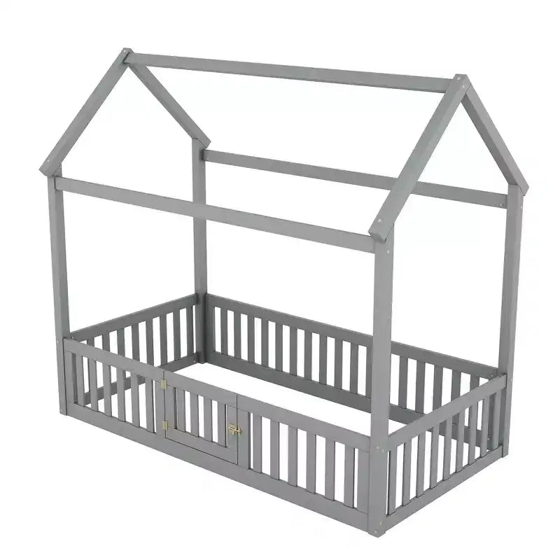 Floor House Bed for Kids, Wood Montessori Bed with Fence & Door, Full House Bed with Roof for Girls & Boys