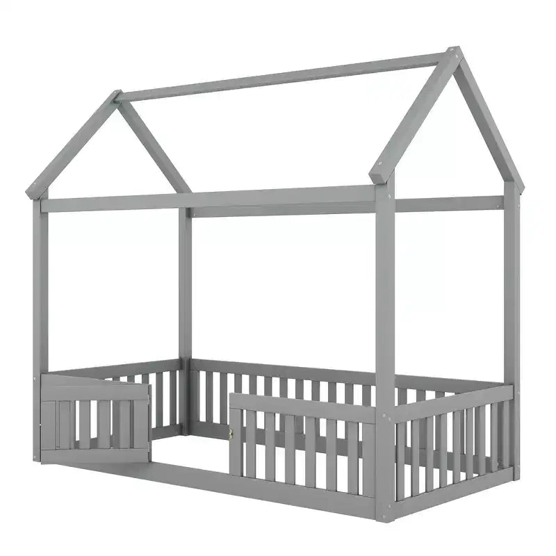 Floor House Bed for Kids, Wood Montessori Bed with Fence & Door, Full House Bed with Roof for Girls & Boys