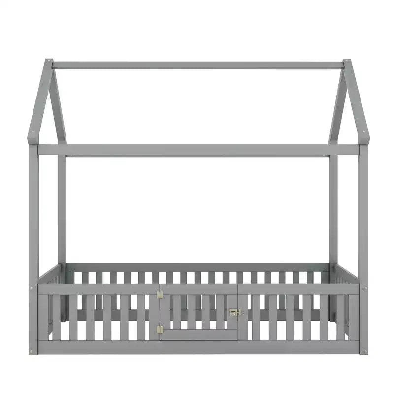 Floor House Bed for Kids, Wood Montessori Bed with Fence & Door, Full House Bed with Roof for Girls & Boys