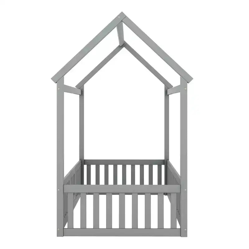 Floor House Bed for Kids, Wood Montessori Bed with Fence & Door, Full House Bed with Roof for Girls & Boys
