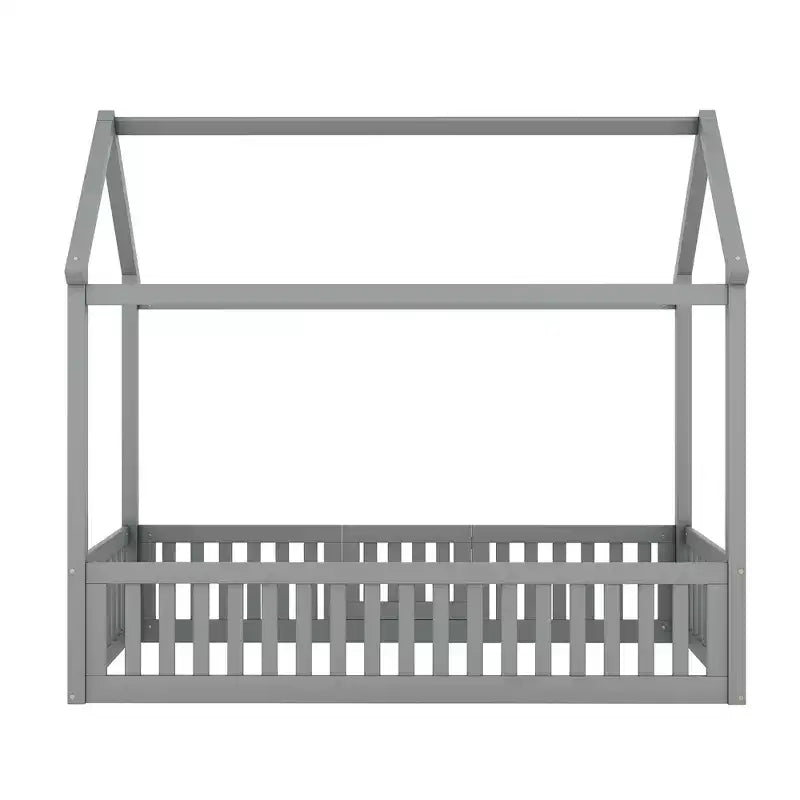 Floor House Bed for Kids, Wood Montessori Bed with Fence & Door, Full House Bed with Roof for Girls & Boys