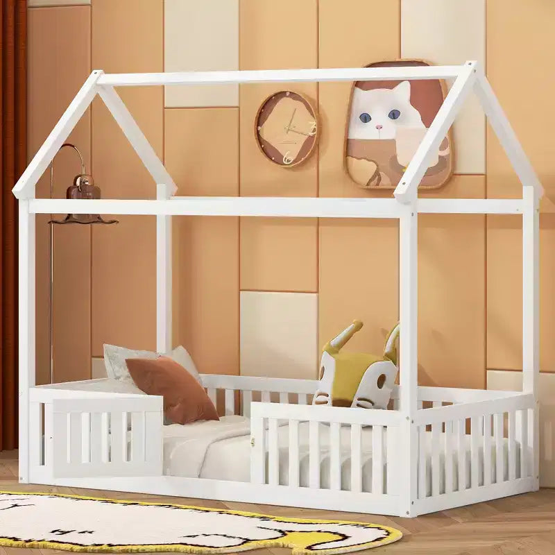 Floor House Bed for Kids, Wood Montessori Bed with Fence & Door, Full House Bed with Roof for Girls & Boys