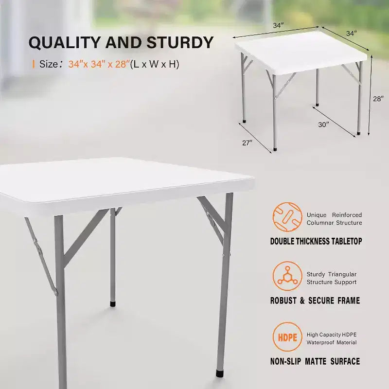 VINGLI White Card Square Table, 34 inch Foldable Legs Full Table Top, Easy to Set up and Store, Folding Portable for Indoor, Outdoor