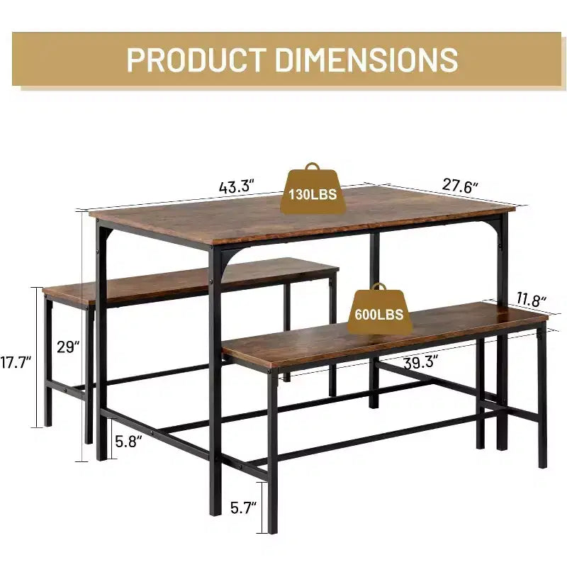 FurnitureR 3-Piece Dining Table Set with 2 Benches, Space-Saving Kitchen & Dining Room Set for Home or Restaurant, Metal Frame and MDF Top, Brown