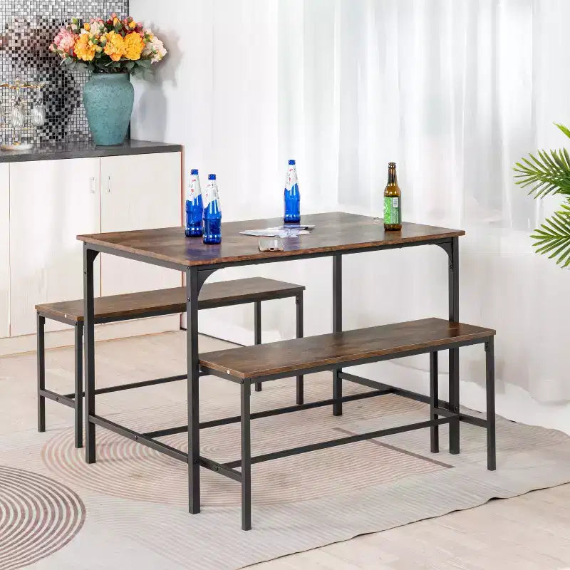 FurnitureR 3-Piece Dining Table Set with 2 Benches, Space-Saving Kitchen & Dining Room Set for Home or Restaurant, Metal Frame and MDF Top, Brown