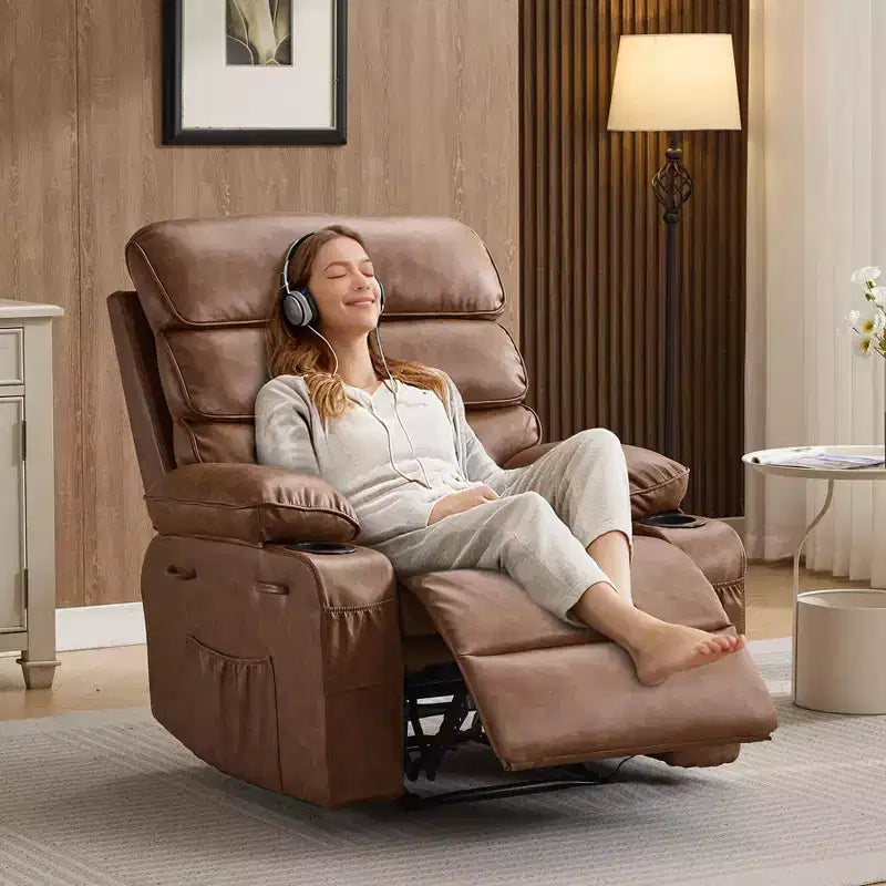 PU Leather Extra Wide Manual Recliner for Adults with Massage and Heat, Large Lazy Chair with 1.5X Sponge Comfort Arm and Back for Living Room