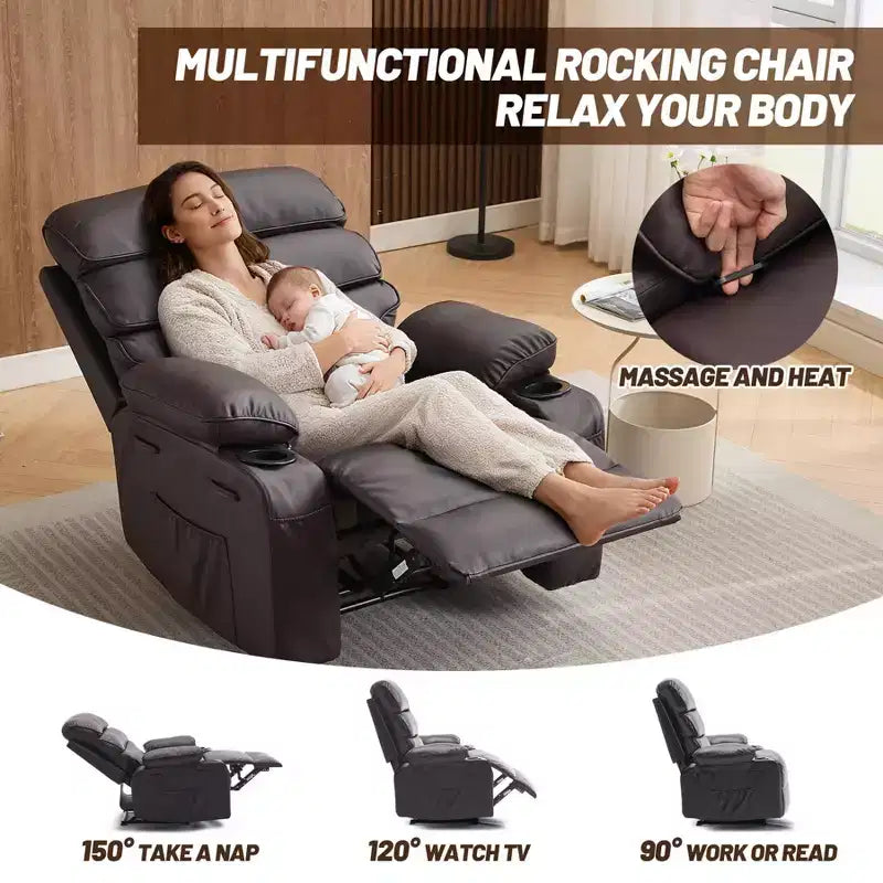 PU Leather Extra Wide Manual Recliner for Adults with Massage and Heat, Large Lazy Chair with 1.5X Sponge Comfort Arm and Back for Living Room