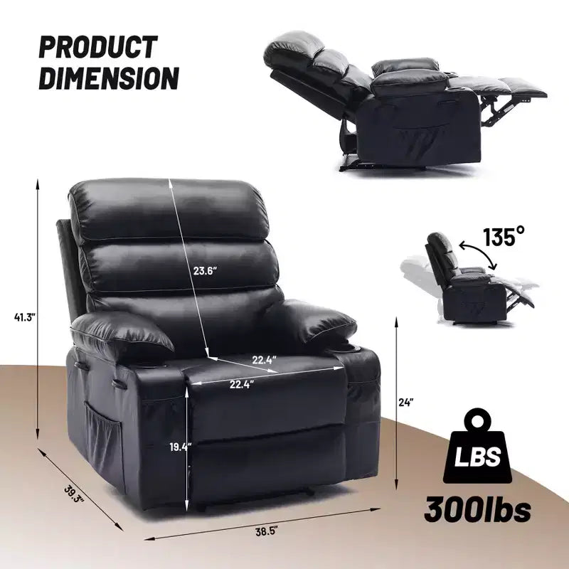 PU Leather Extra Wide Manual Recliner for Adults with Massage and Heat, Large Lazy Chair with 1.5X Sponge Comfort Arm and Back for Living Room