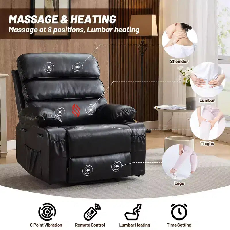 PU Leather Extra Wide Manual Recliner for Adults with Massage and Heat, Large Lazy Chair with 1.5X Sponge Comfort Arm and Back for Living Room