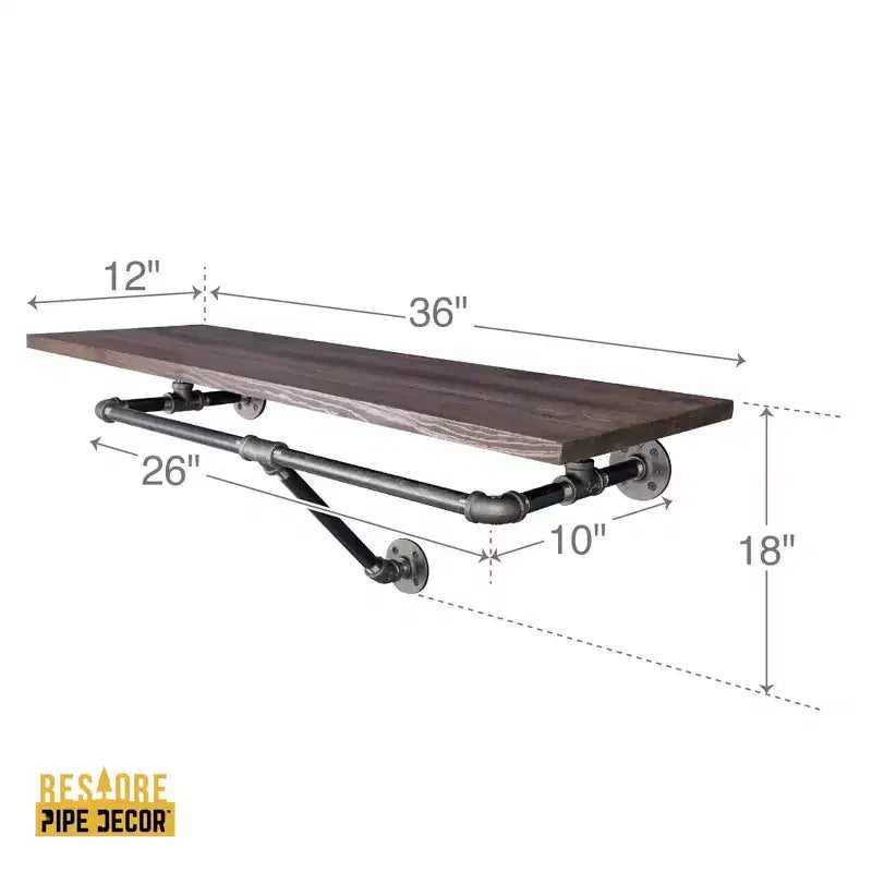 Pipe Decor 36 in. Wall Mounted Clothing Rack with Wood Shelf, Trail Brown