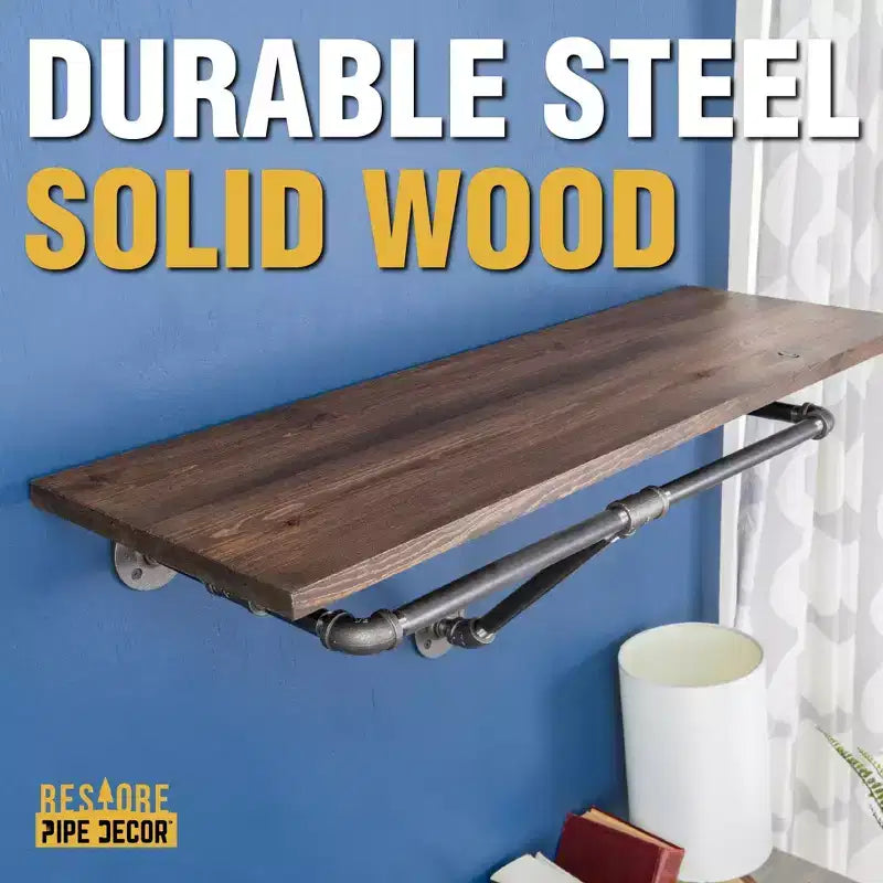 Pipe Decor 36 in. Wall Mounted Clothing Rack with Wood Shelf, Trail Brown