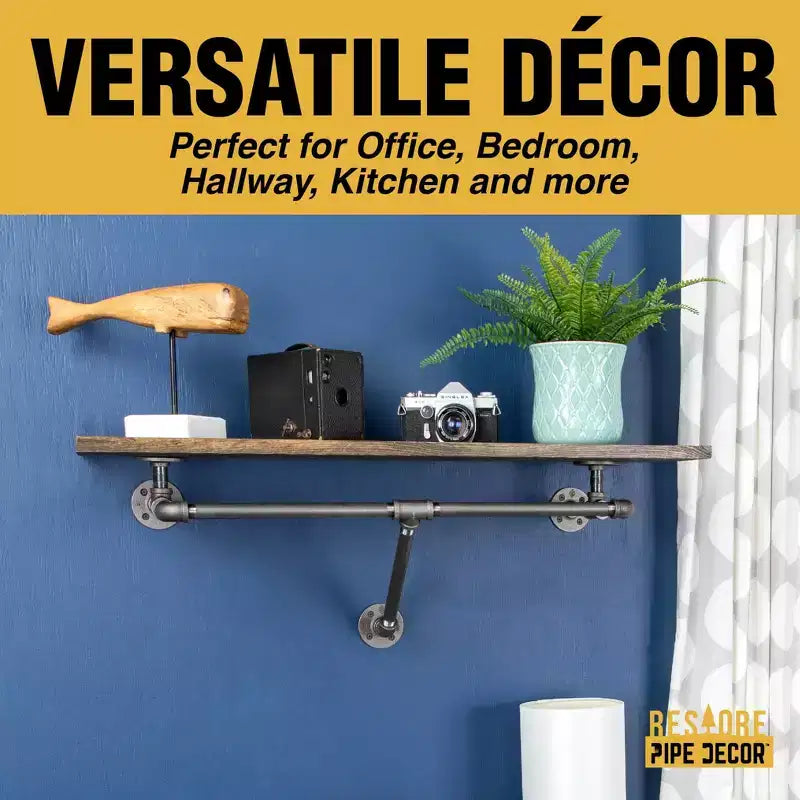 Pipe Decor 36 in. Wall Mounted Clothing Rack with Wood Shelf, Trail Brown