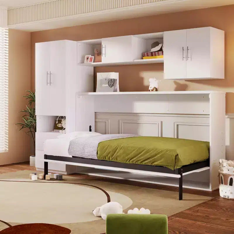 Twin Size Murphy Bed Wall Bed with Storage Shelves and Wardrobe, Folding Wall Chest Bed with Table for Bedroom Guest Room, White
