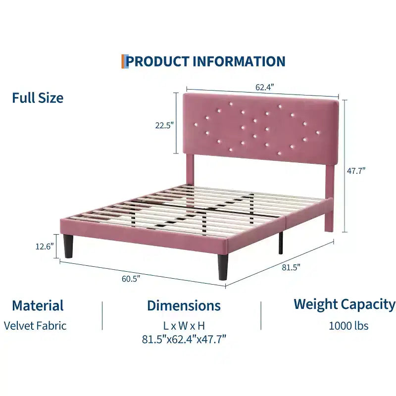 Bed Frame, Solid Wood Slatted Platform Bed with Crystal Button Headboard and Underbed Storage, Quiet and Easy to Assemble
