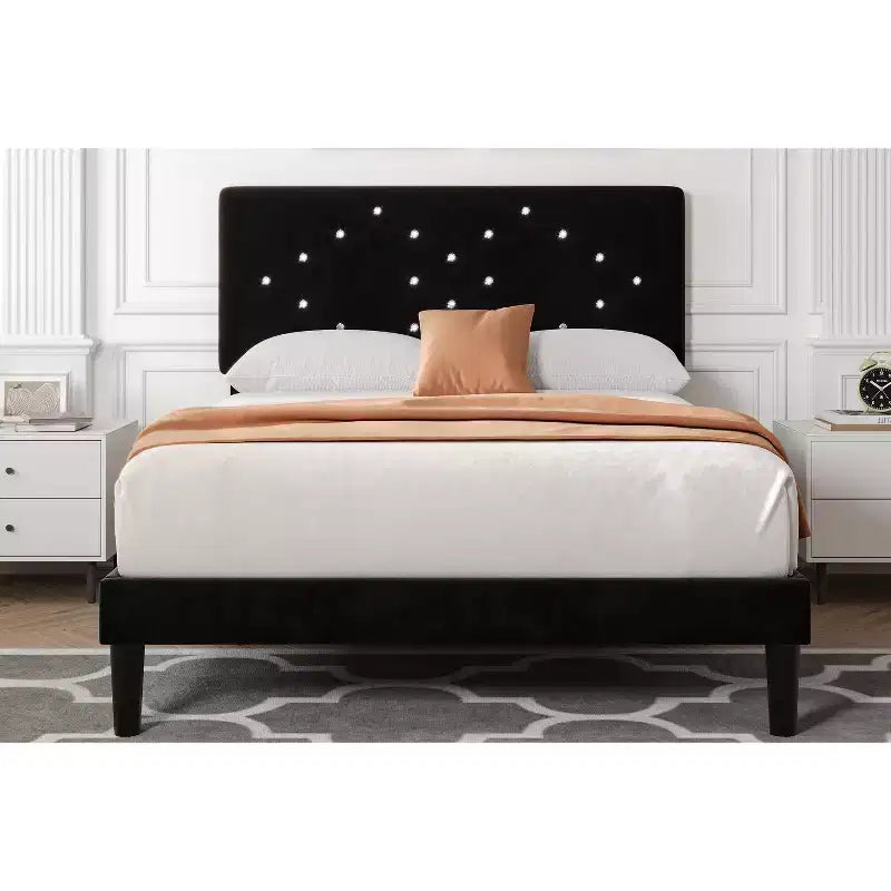 Bed Frame, Solid Wood Slatted Platform Bed with Crystal Button Headboard and Underbed Storage, Quiet and Easy to Assemble
