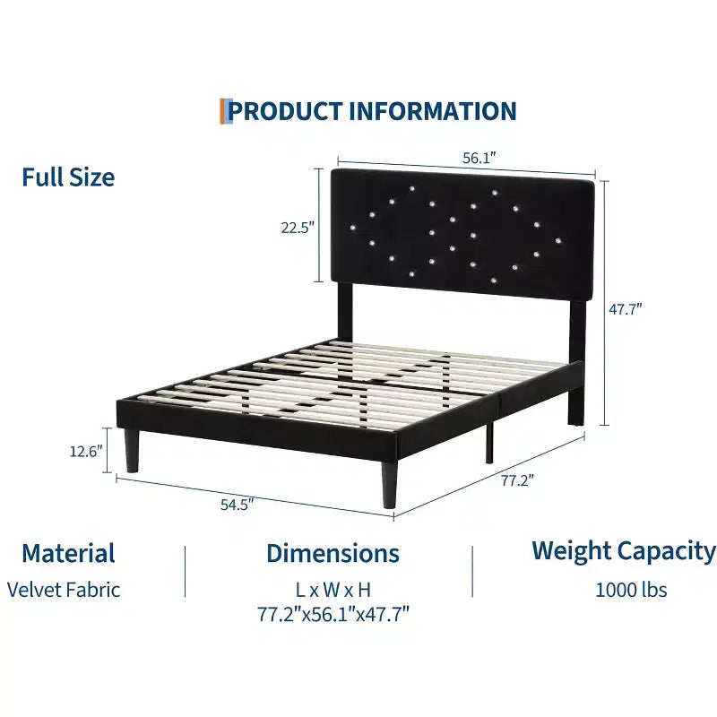 Bed Frame, Solid Wood Slatted Platform Bed with Crystal Button Headboard and Underbed Storage, Quiet and Easy to Assemble