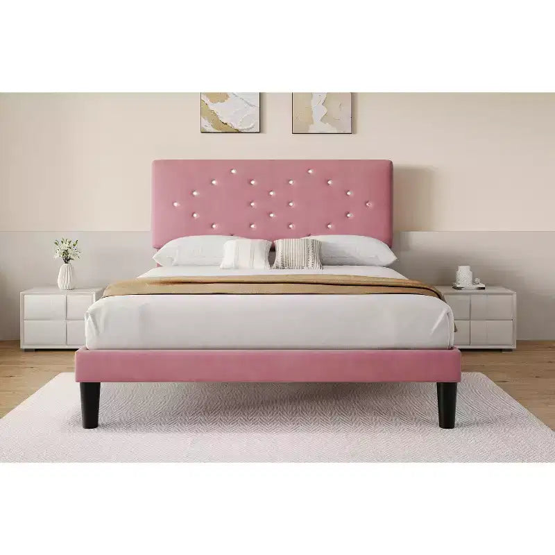 Bed Frame, Solid Wood Slatted Platform Bed with Crystal Button Headboard and Underbed Storage, Quiet and Easy to Assemble