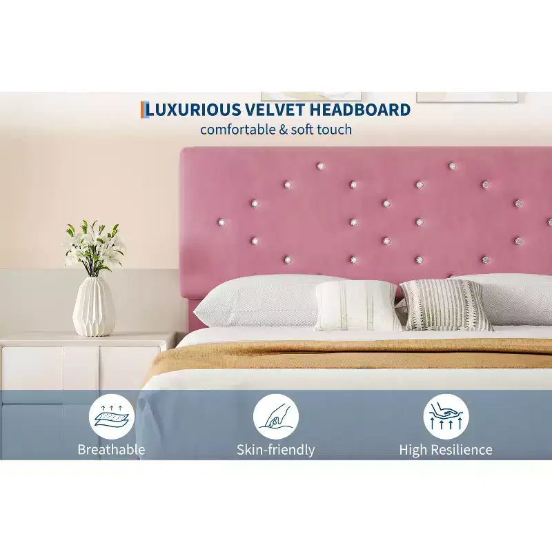 Bed Frame, Solid Wood Slatted Platform Bed with Crystal Button Headboard and Underbed Storage, Quiet and Easy to Assemble