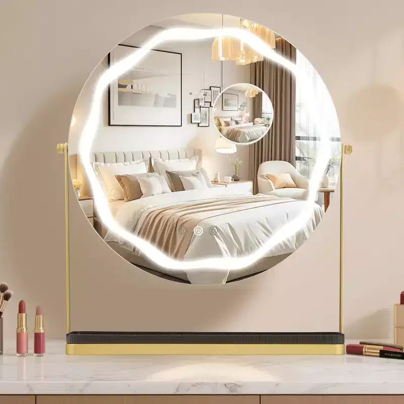19 LED Makeup Mirror with 3-Color Dimmable Lighting, Smart Touch Control, 360 Rotating, Adjustable Stand, and Storage for Vanity