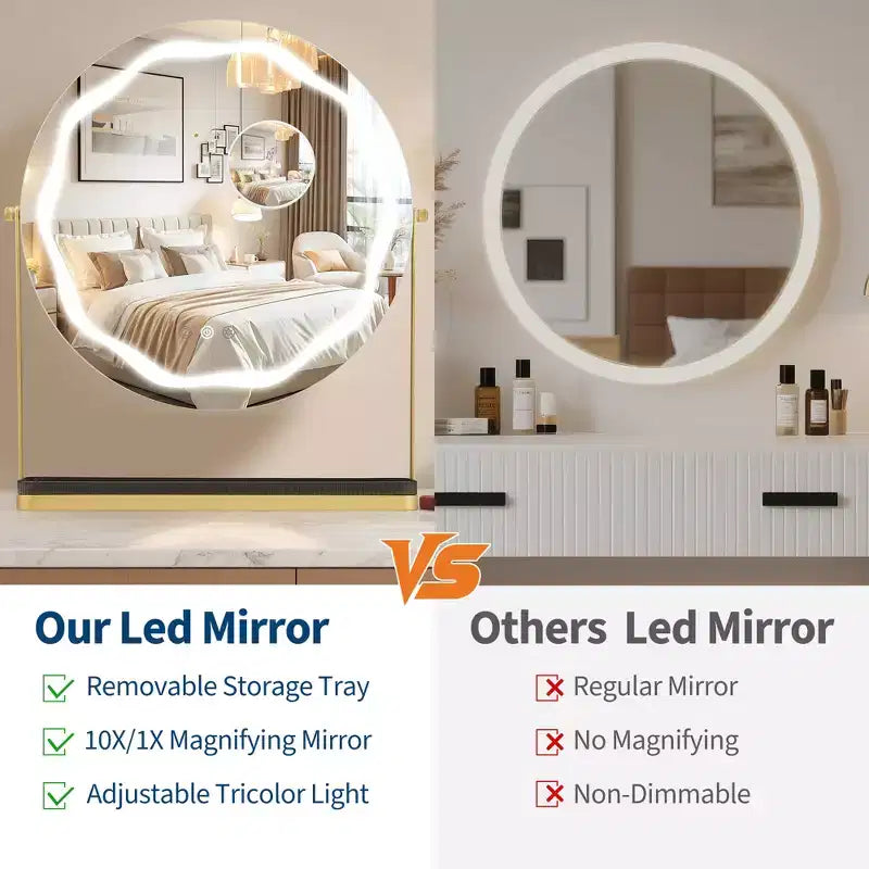 19 LED Makeup Mirror with 3-Color Dimmable Lighting, Smart Touch Control, 360 Rotating, Adjustable Stand, and Storage for Vanity
