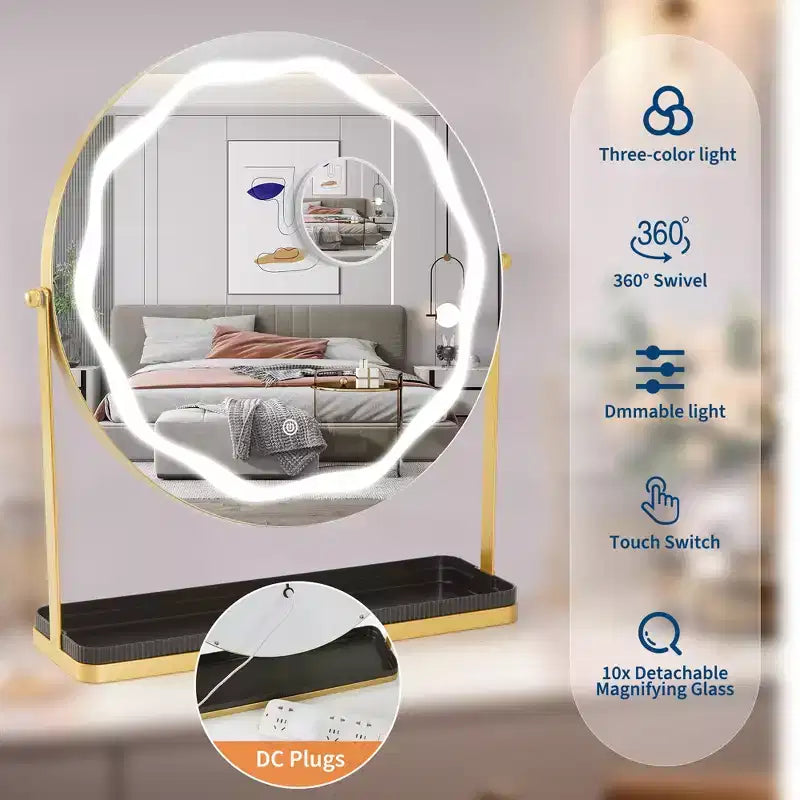 19 LED Makeup Mirror with 3-Color Dimmable Lighting, Smart Touch Control, 360 Rotating, Adjustable Stand, and Storage for Vanity