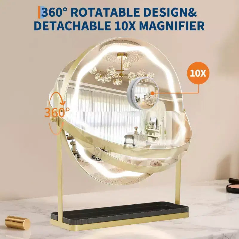 19 LED Makeup Mirror with 3-Color Dimmable Lighting, Smart Touch Control, 360 Rotating, Adjustable Stand, and Storage for Vanity