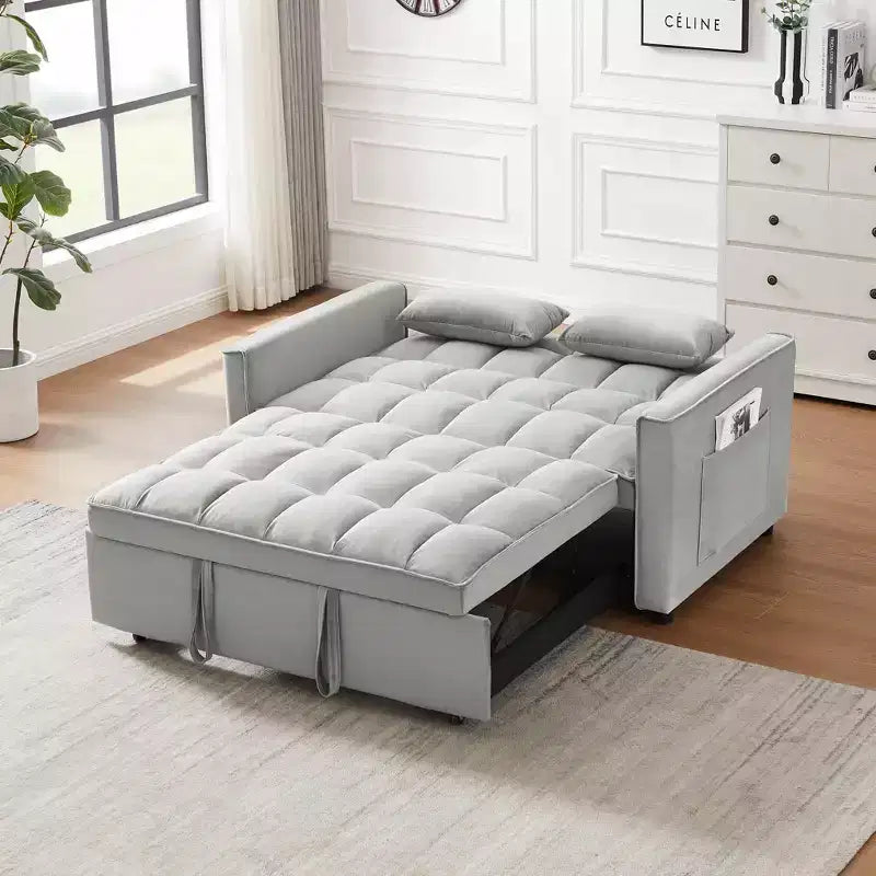 MAYEERTY Modern Velvet Loveseat Futon Sofa with Toss Pillows Pockets for Living Room Bedroom Small Space Gray