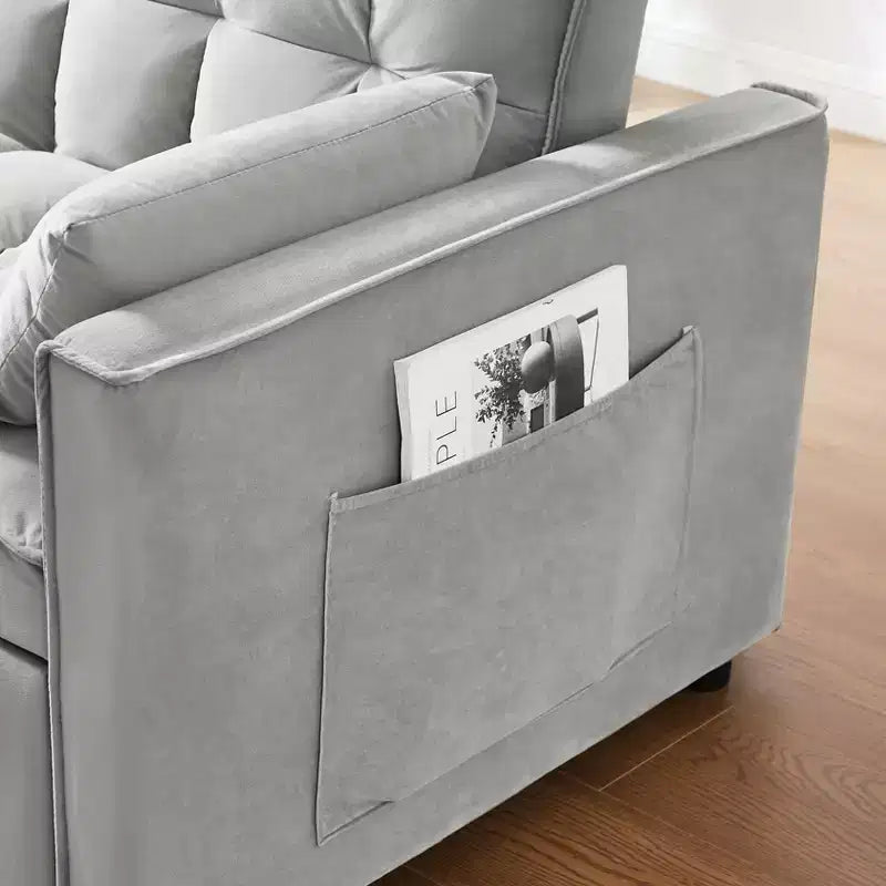 MAYEERTY Modern Velvet Loveseat Futon Sofa with Toss Pillows Pockets for Living Room Bedroom Small Space Gray