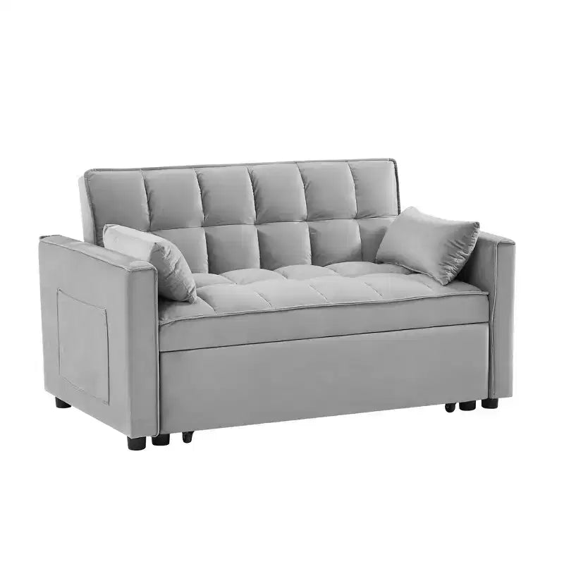 MAYEERTY Modern Velvet Loveseat Futon Sofa with Toss Pillows Pockets for Living Room Bedroom Small Space Gray