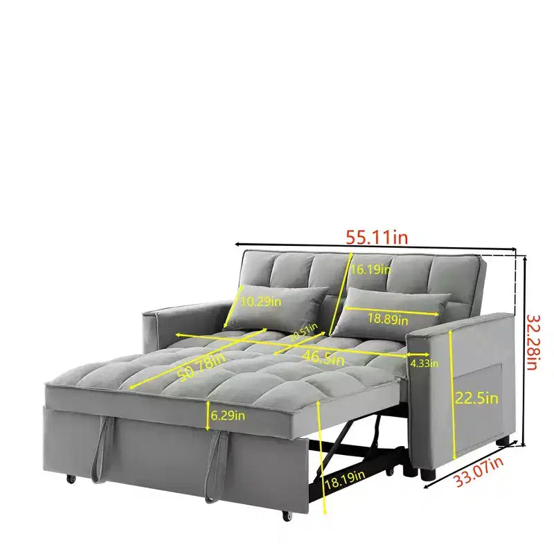 MAYEERTY Modern Velvet Loveseat Futon Sofa with Toss Pillows Pockets for Living Room Bedroom Small Space Gray