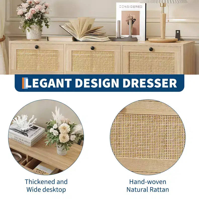 Rattan Dresser for Bedroom, Farmhouse Modern Dressers & Chests of Drawers, Wooden Storage Organizer for Closet, Living Room, Entryway, Hallway