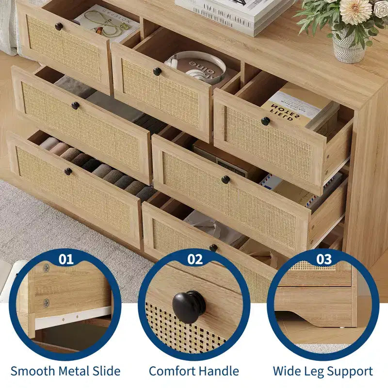 Rattan Dresser for Bedroom, Farmhouse Modern Dressers & Chests of Drawers, Wooden Storage Organizer for Closet, Living Room, Entryway, Hallway