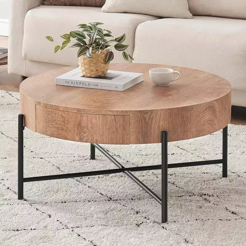 Round Coffee Table with Drawers, Wood Accent Center Table, Farmhouse Circle Table for Living Room