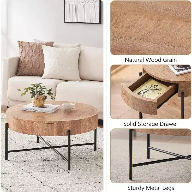 Round Coffee Table with Drawers, Wood Accent Center Table, Farmhouse Circle Table for Living Room
