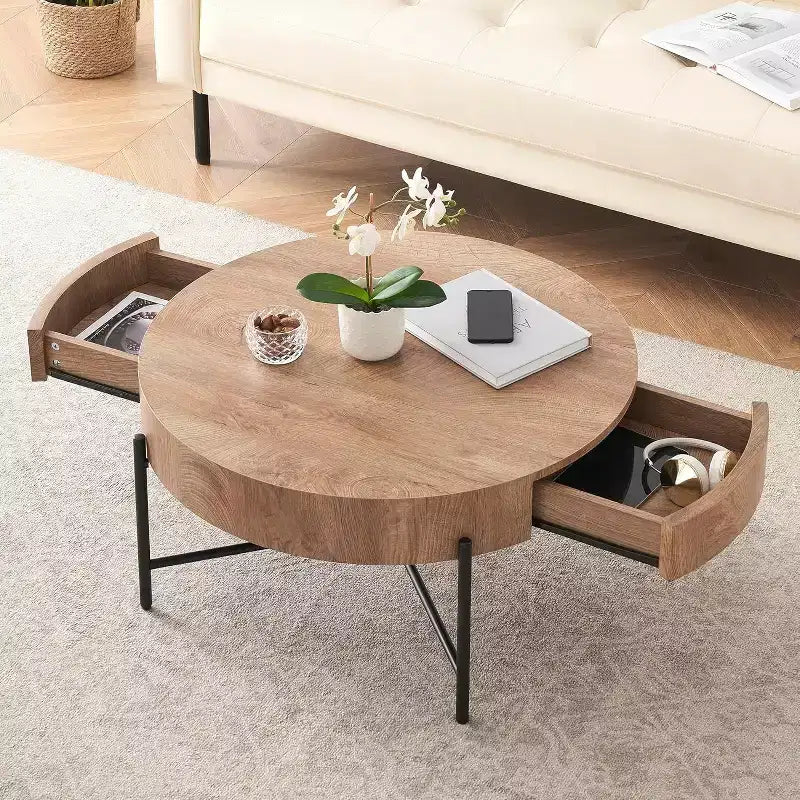 Round Coffee Table with Drawers, Wood Accent Center Table, Farmhouse Circle Table for Living Room
