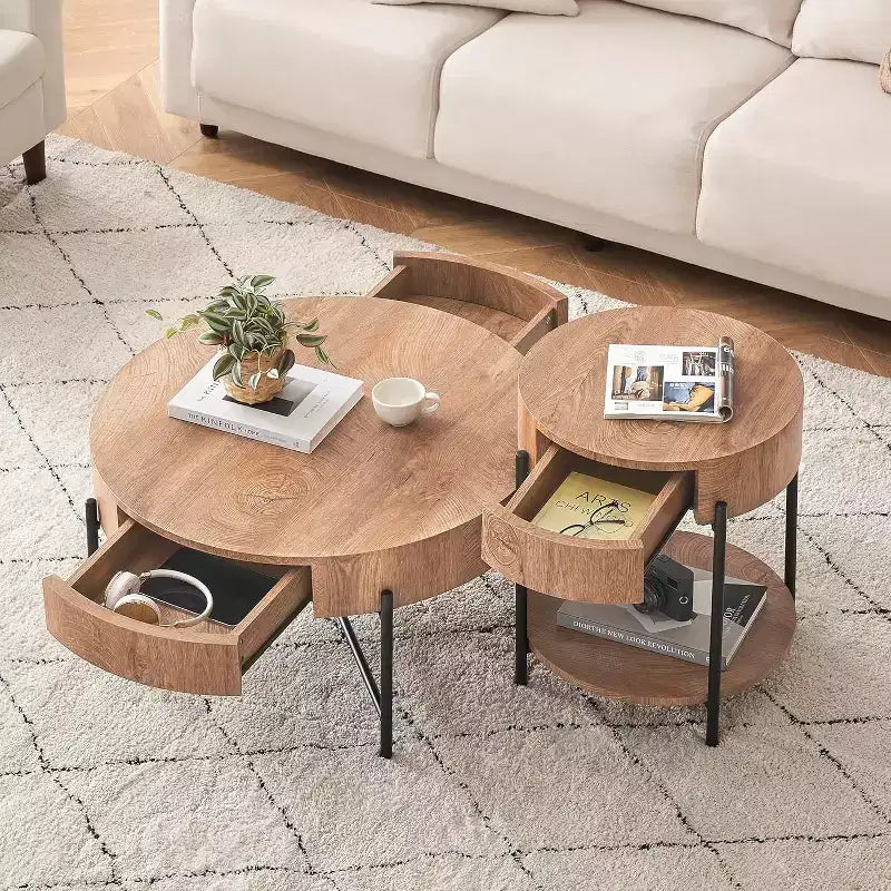 Round Coffee Table with Drawers, Wood Accent Center Table, Farmhouse Circle Table for Living Room