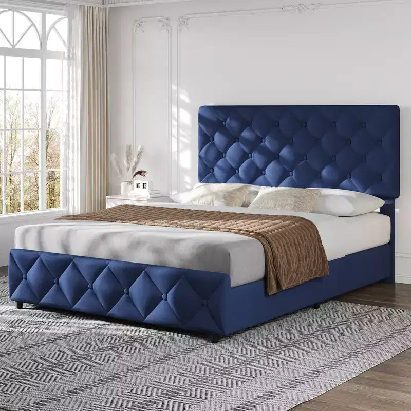 Upholstered Full Platform Bed Frame with 4 Storage Drawers Adjustable Headboard, PU Leather Platform Storage Bedframe