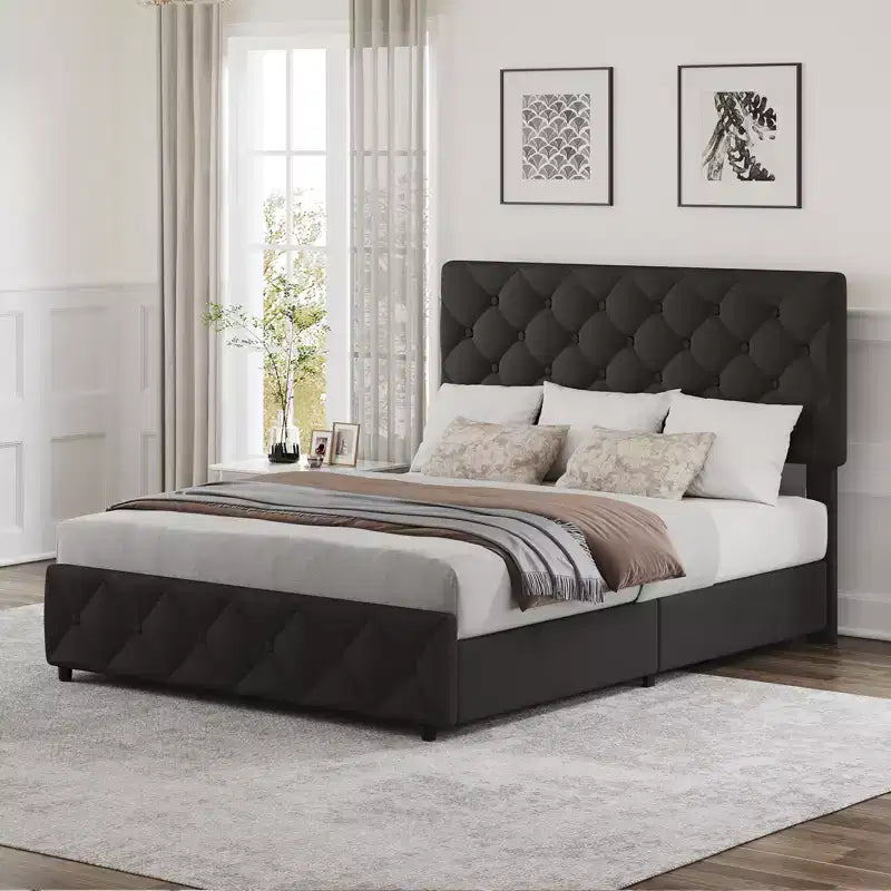 Upholstered Full Platform Bed Frame with 4 Storage Drawers Adjustable Headboard, PU Leather Platform Storage Bedframe