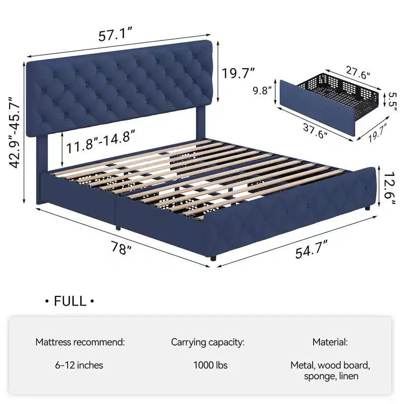 Upholstered Full Platform Bed Frame with 4 Storage Drawers Adjustable Headboard, PU Leather Platform Storage Bedframe