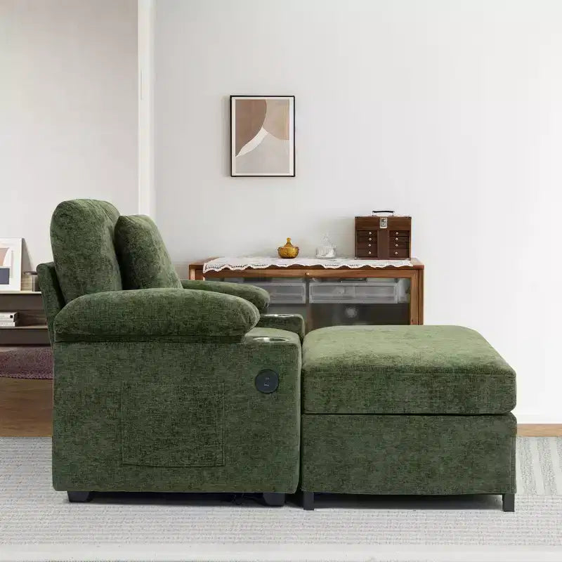 MAYEERTY Oversized Chenille Sofa with Ottoman with Cupholders Lumbar Support for Back Pain Relief for Living Room Office Green