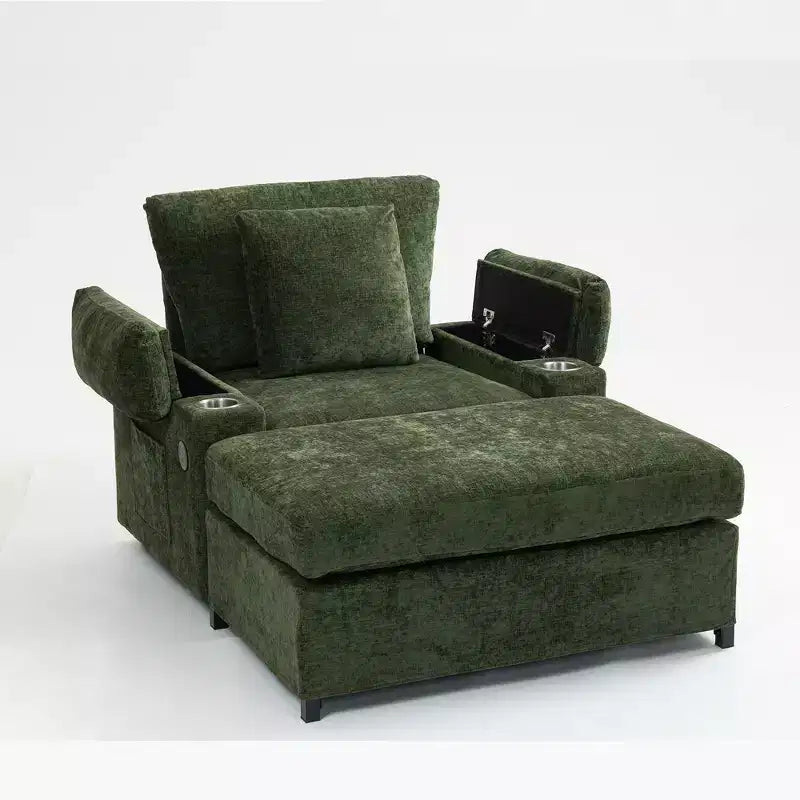MAYEERTY Oversized Chenille Sofa with Ottoman with Cupholders Lumbar Support for Back Pain Relief for Living Room Office Green