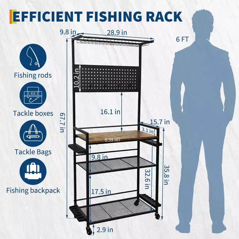 Fishing Rod Holders for Garage, Fishing Rod Rack Storage up to 12 Rods, Heavy Duty Metal Fish Pole Organizer with Pegboard and Wheels for Fish Gear