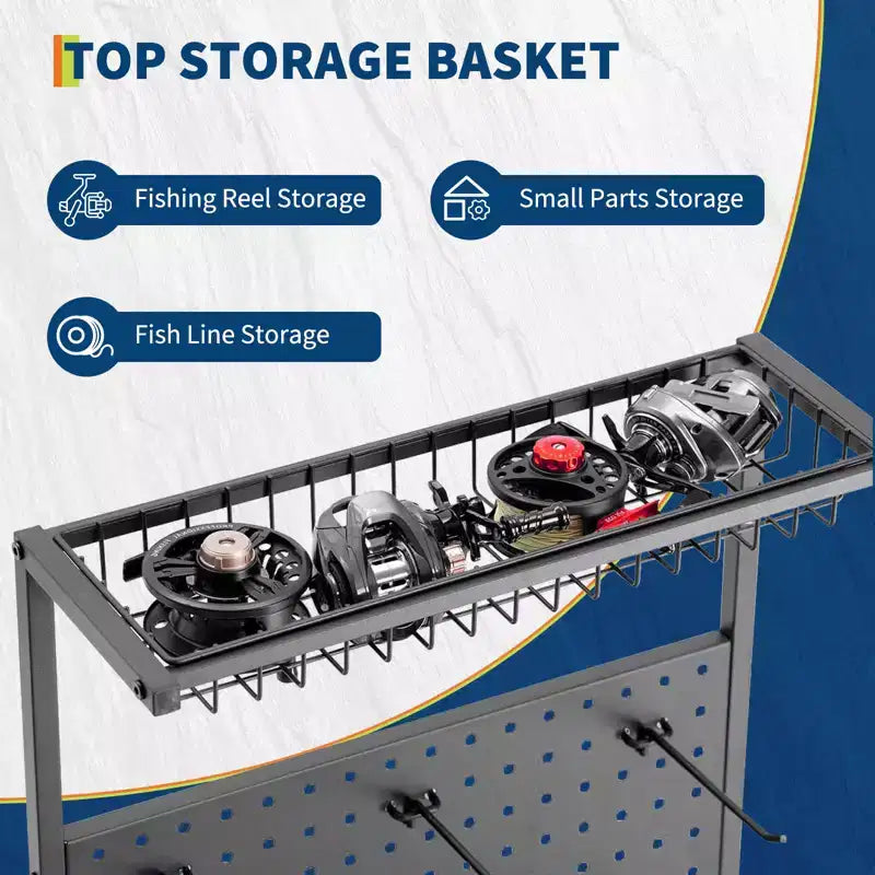 Fishing Rod Holders for Garage, Fishing Rod Rack Storage up to 12 Rods, Heavy Duty Metal Fish Pole Organizer with Pegboard and Wheels for Fish Gear