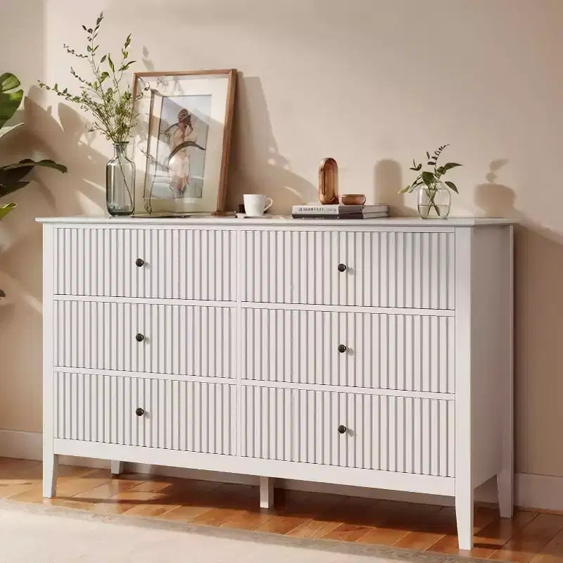 Heynemo Fluted 6 Drawer Dresser, Modern Closet Organizer Dressers, Double Chest of Drawers with Soft Close Drawers, Wood Storage Cabinet, White