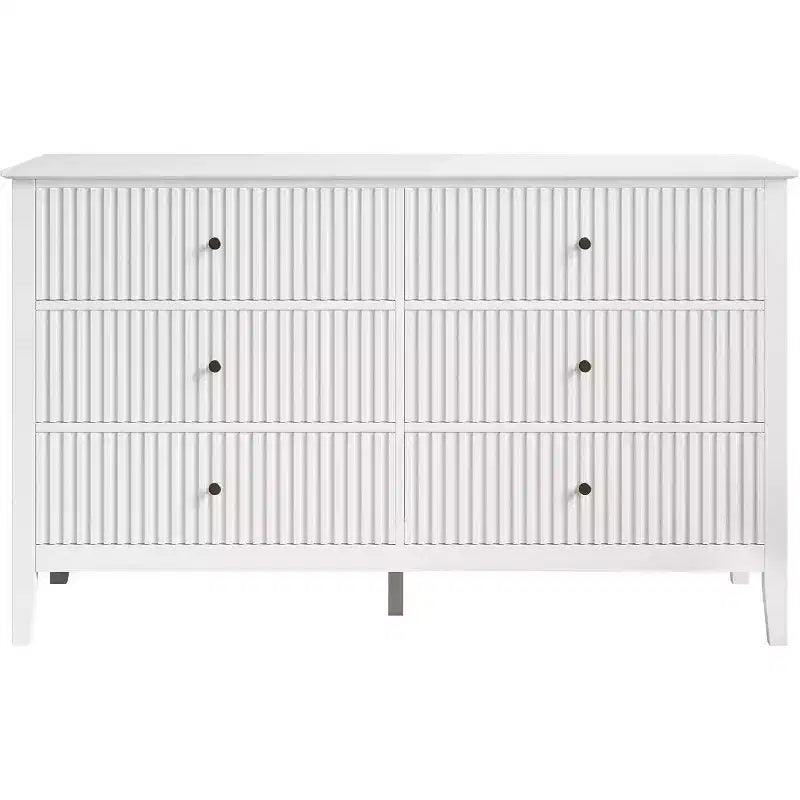 Heynemo Fluted 6 Drawer Dresser, Modern Closet Organizer Dressers, Double Chest of Drawers with Soft Close Drawers, Wood Storage Cabinet, White