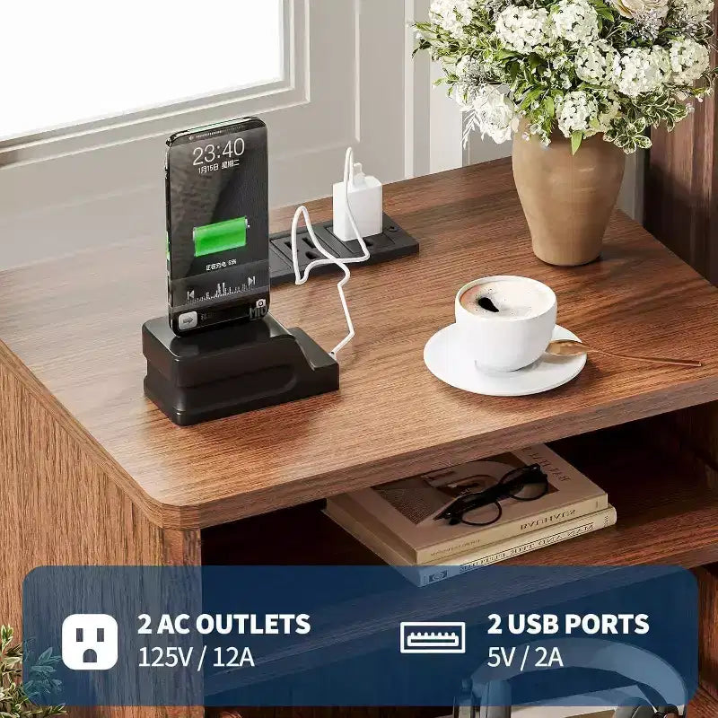 Table de chevet cannelée Modern Wave avec station de recharge, table d'appoint à 2 tiroirs avec étagère ouverte, table de chevet pour chambre ou salon, rangement élégant
