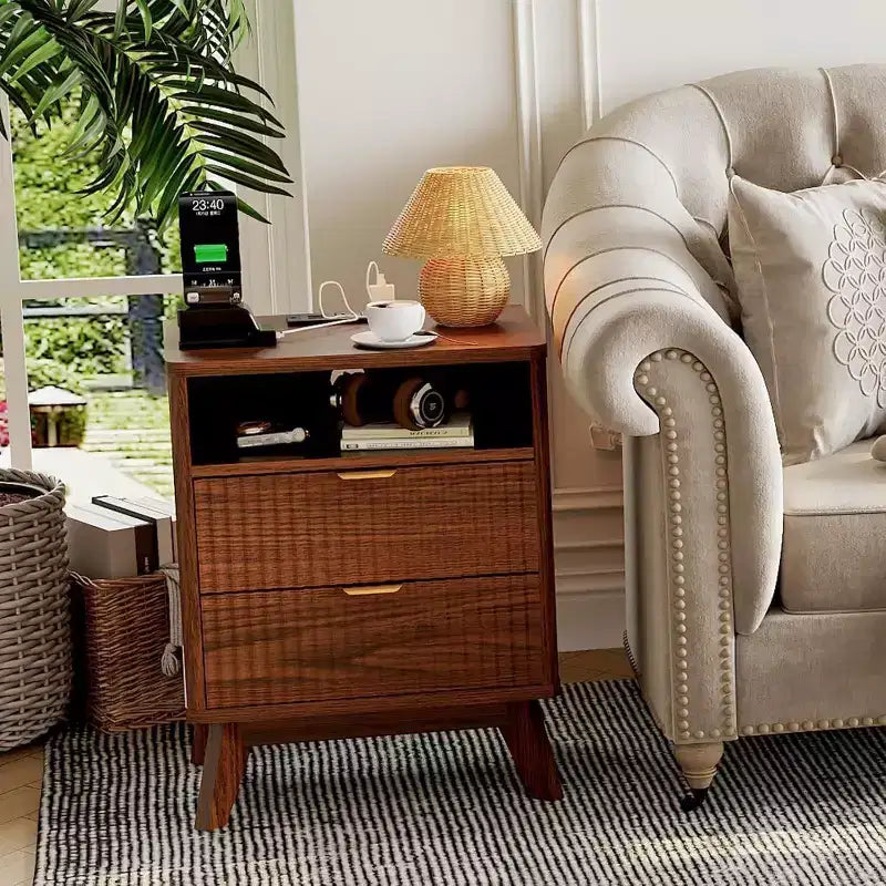 Table de chevet cannelée Modern Wave avec station de recharge, table d'appoint à 2 tiroirs avec étagère ouverte, table de chevet pour chambre ou salon, rangement élégant